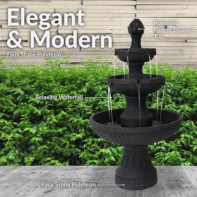 Sunnydaze Flower Blossom 43" Tiered Outdoor Water Fountain - 3-Tiered Outdoor Fountain for Garden, Patio, or Backyard - Black Finish