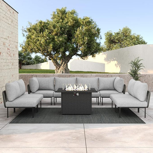 LayinSun 9 Pieces Aluminum Patio Furniture Set, Modern Modular Sectional Sofa with Fire Pit Table and Upgrade Thickness Cushion