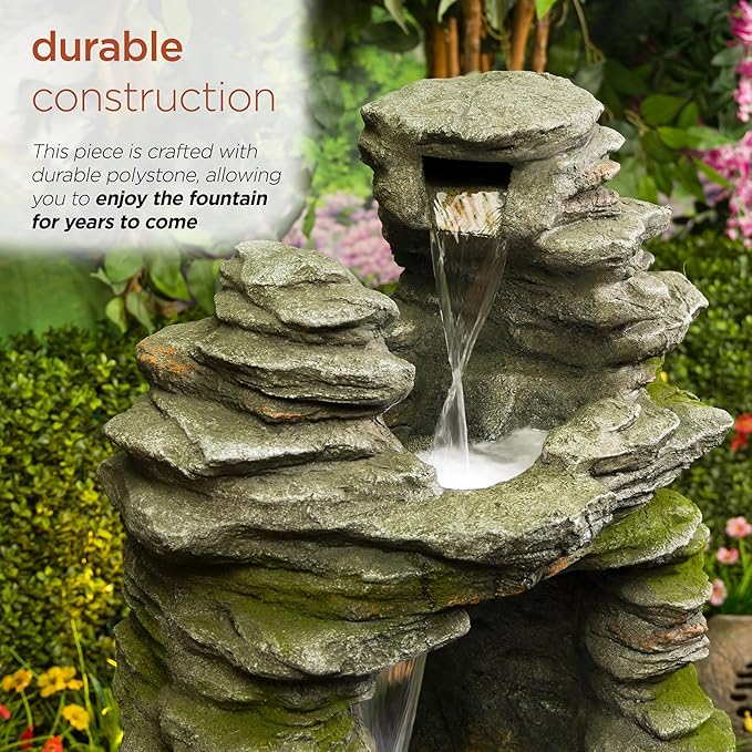 Alpine Corporation WIN1648 39" Stacked Stone Rainforest Fountain with Cool White LED Lights – Cascading Waterfall Feature for Garden, Patio, and Outdoor Décor