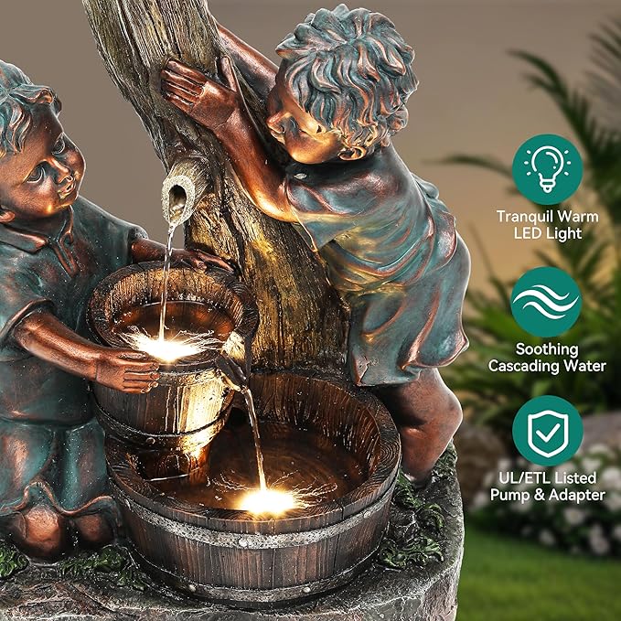 31" Boy & Girl Outdoor Water Fountain with LED Lights, Pagoda and Wood Barrel Garden Fountain, 3-Tier Cascading Waterfall for Tranquil Backyard, Patio or Porch, Faux Bronze Finish