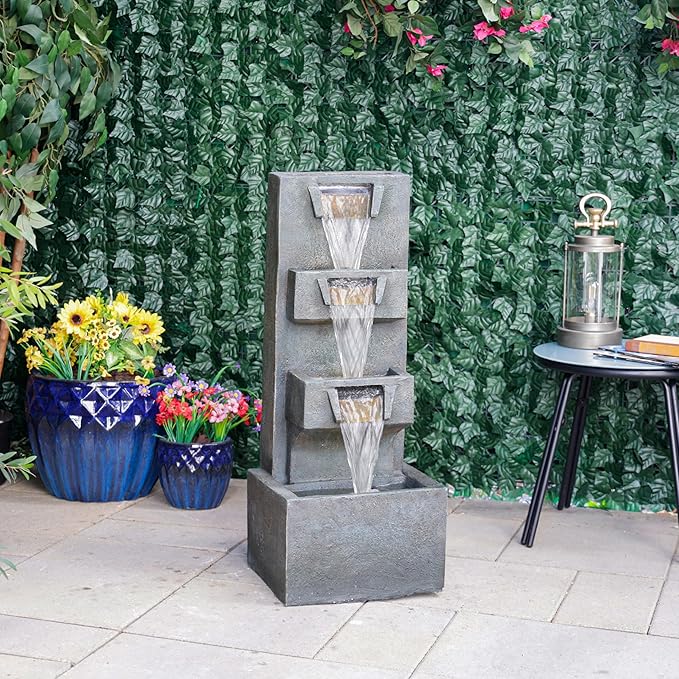 Alpine Corporation TZL406 33" 3 Tier Basin Cascading Fountain with LED Lights, Outdoor Water Feature for Garden, Patio, Backyard & Home Decor, Elegant Waterfall Design, Gray