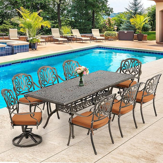 [Hi-End]9-Piece Outdoor Dining Set All Aluminum Patio Table and Chairs Set with 2 Swivel Chair & 6 Patio Chair Outdoor Dining Table Set for 8 Include 86.6’’ Rectangular Patio Table with Umbrella Hole by RICHRYCE