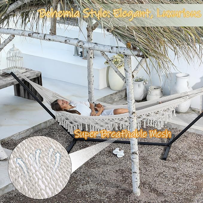 ZEAN Handwoven Hammock with Tassels by Thick Cotton Rope XL Two Person Hammock for Outside Patio Backyard Garden Beach 550LB Capacity - Image 2