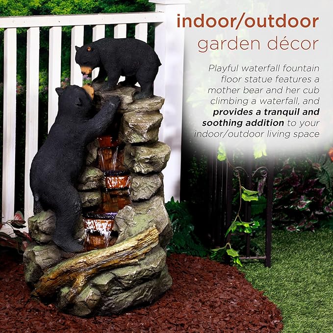 Alpine Corporation 36" Tall Indoor/Outdoor 2 Bears Climbing Rainforest Water Fountain with LED Lights, Cascading Wildlife Water Feature for Garden, Patio, and Home Decor, Brown