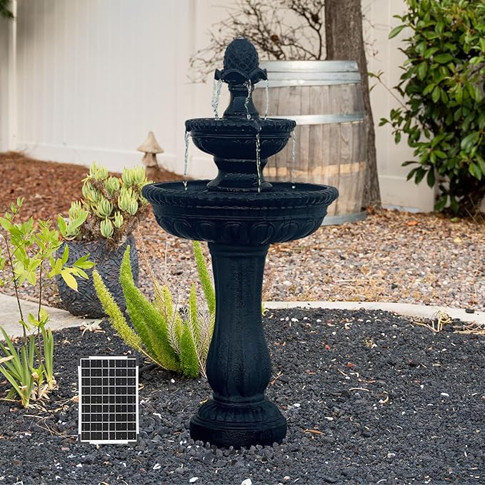 XBrand 39" 2-Tier Outdoor Freestanding Solar Water Fountain - Classic Design, Black Resin Bird Bath with Pump - Ideal for Yard, Lawn and Garden, Porch Décor