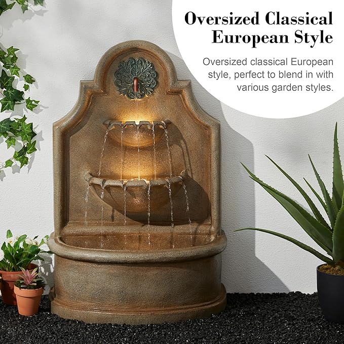 Glitzhome 37.25" H Outdoor Garden Water Fountain with LED Lights and Pump, Oversized Antique European Style 3-Tier Polyresin Cascading Floor-Standing Fountain for Porch Deck Patio Backyard Decoration