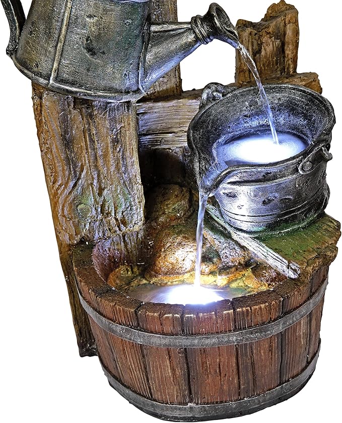 Alpine Corporation TZL280 Watering Can Barrel Birdhouse Fountain w/White LED Lights, Stylish Décor for Garden & Patio, 32" H