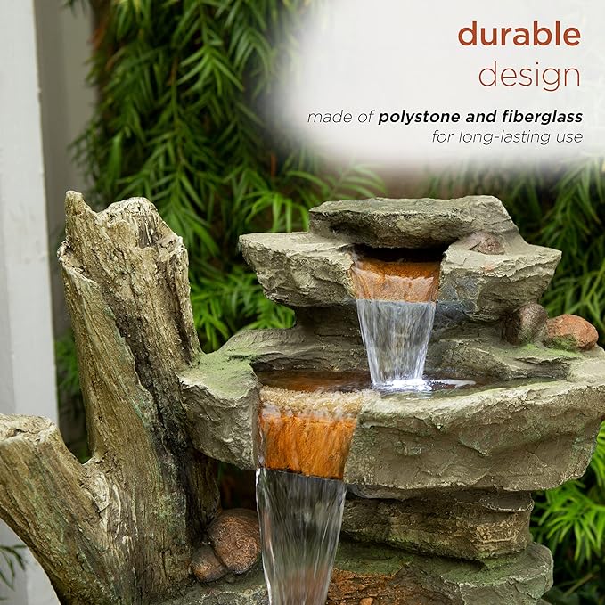Alpine Corporation TZL292 Outdoor Floor Cascading Stone Tower Fountain, Garden Fountain with Natural Stone Look 40", Gray