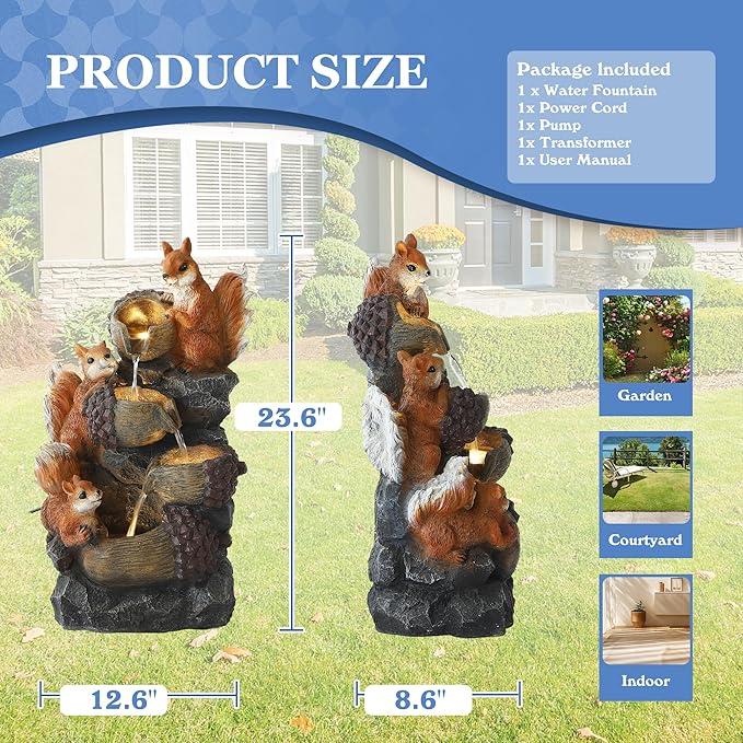 Outdoor Garden Water Fountain with Cascading Rock, 4-Tiers Fountains and Waterfalls with LED Lights,Indoor/Outdoor Morden Floor Standing Water Feature w/3 Squirrel Decor for Patio, Backyard