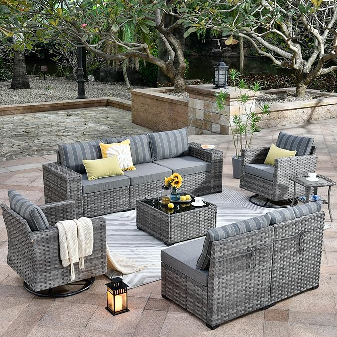 HOOOWOOO 9 Piece Modular Patio Outdoor Sectional Furniture Set with Swivel Rocking Chairs,Wicker Conversation Sofa Set,Outside Couch Set with Wide Arm(Grey Stripes)