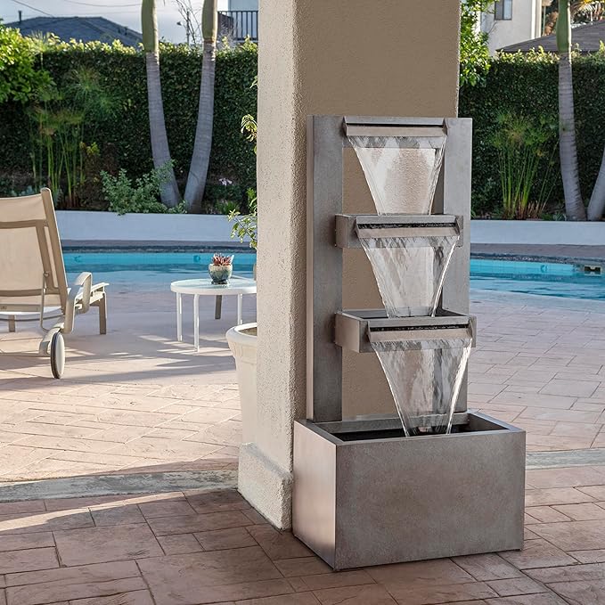 Alpine Corporation 43" Tall Multi-Tier Waterfall Fountain - Industrial Style Water Feature for Garden, Patio, Yard, Backyard, Relaxing Water Flow, and Serene Landscaping, Gray
