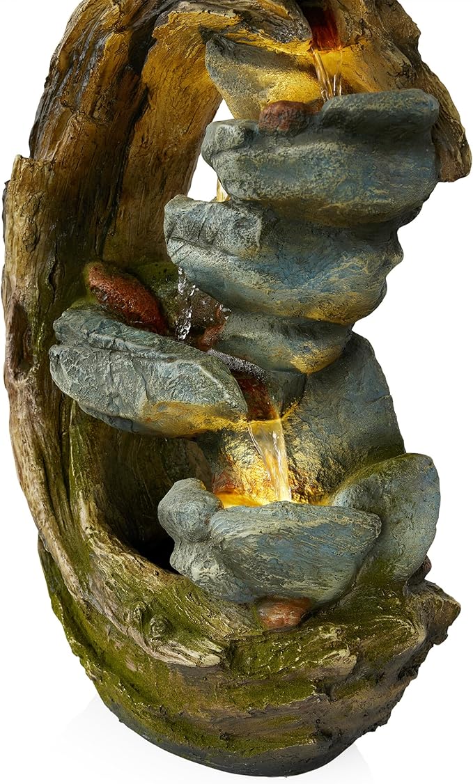 Alpine Corporation WIN1554S Outdoor Curved Trunk and Stone Floor Fountain with Warm White LED Lights, Tiered Garden Decor, 24" H, Brown