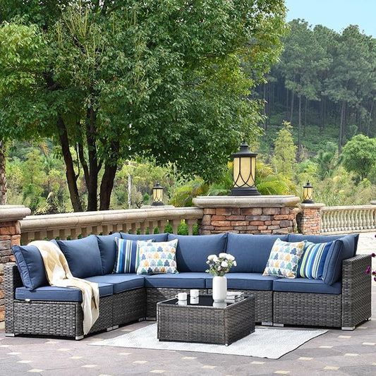 HOOOWOOO 7 Piece Patio Sectional Furniture Set,Modern Wicker Outdoor Conversation Sofa Sets,Weather Resistant Modular L Shaped Outside Couch Table Set(Denime Blue)