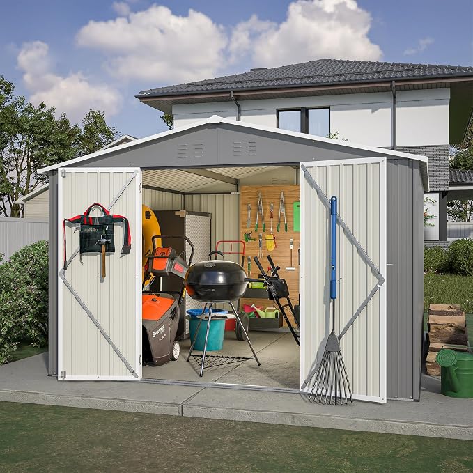 YOPTO 10×10 FT Outdoor Storage Shed,Metal Aluminum Waterproof Tool Sheds with Doors and Vents,Heavy-Duty Sheds Unit W/Lock and Key,for Storing Bicycles,Lawnmowers,Barbeques,Gray - Image 4