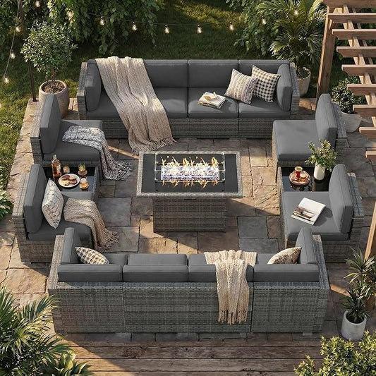 15 Pieces Patio Furniture Set with 44" Propane Gas Fire Pit Table, Outdoor Sectional Wicker Conversation Sofa Sets with Coffee Table