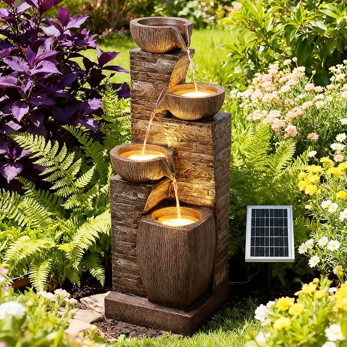 38.2" Tall Solar Water Fountain Outdoor Garden,Stone Texture Modern 4 Tiers Cascading Bowls Garden Fountains Outdoor,Suit for Patio, Deck, Porch, Lawns, Backyard and Home Art Decor