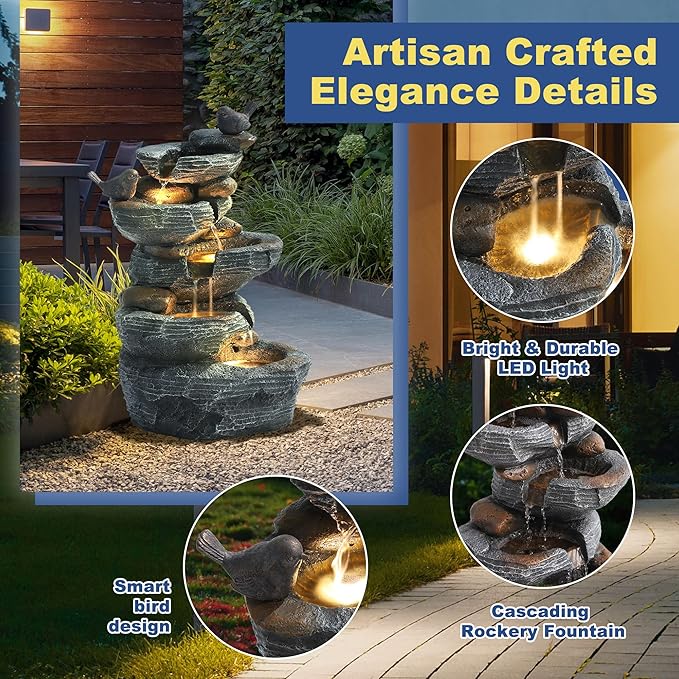 Outdoor Cascading Bird Water Fountain, 5-Tier Floor Natural Looking Rock Fountains with LED Pump Birds Decor, Freestanding Resin Fountain and Cascading Water Feature for Patio Garden, Grey
