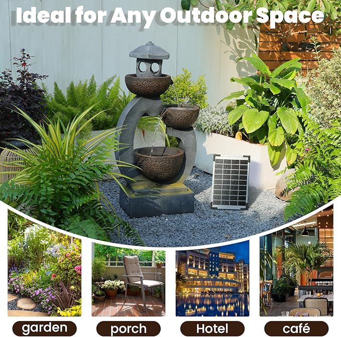36 inches Water Fountain Outdoor Solar Powered Zen Pagoda Garden Japaness Modern Tranquil Waterfalls Fountains Landscaping Cascading Bowls on Patio Yard Porch Deck Balconies Lawns, Gray