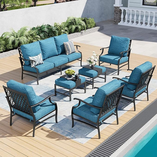 7 Piece Metal Outdoor Patio Furniture Set, Patio Conversation Sets 3-seater Sofa, 4 Fixed Chair, 2 Ottomans with 5.75" Thick Cushion, Black All-weather Frame Backyard Furniture, Blue-2