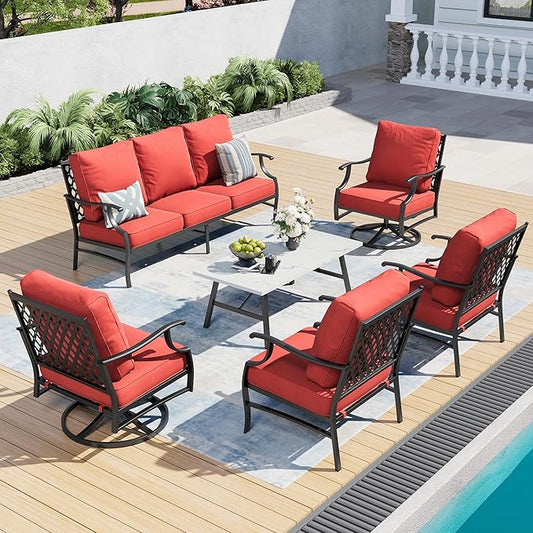 6 Piece Metal Outdoor Patio Furniture Set, Patio Conversation Sets 1 3-Seater Sofa, 2 Swivel Chair, 2 Leg Chair with 5.75" Thick Cushion and Coffee Table, Backyard Furniture Set, Red