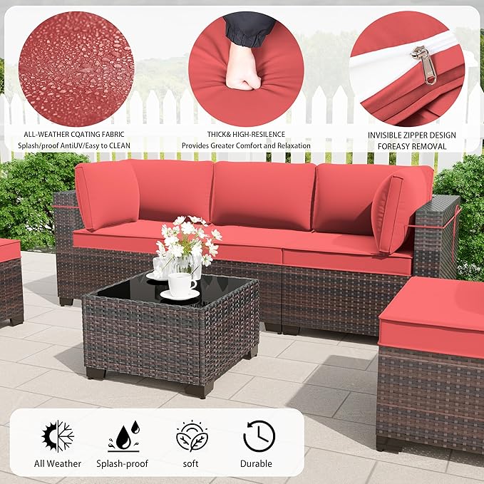14 Pieces Outdoor Patio Furniture Set,Outdoor Sectional Furniture All Weather PE Rattan Wicker Patio Conversation Set with 2 Coffee Tables and 12 Thickened Cushions,Red