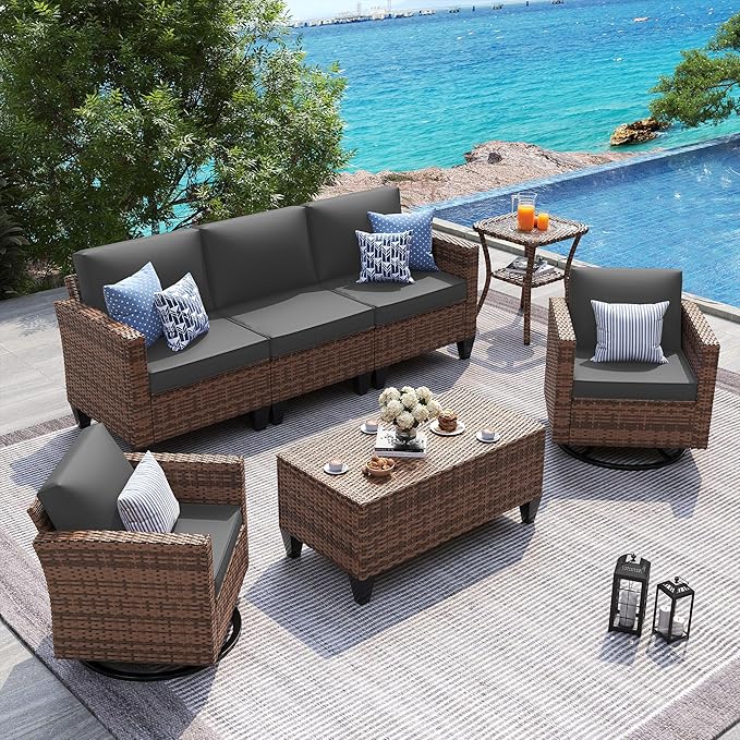 UDPATIO Patio Furniture Set, 5 Pieces Outdoor Conversation Sets with Rocking Swivel Chairs, Wicker Rattan Outdoor Sofa Set with Storage Table and Waterproof Covers for Backyard, Deck, Porch, Grey