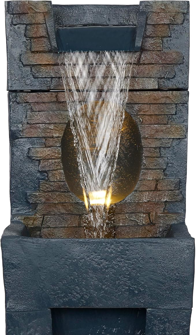 Alpine Corporation TZL398 40" Stone Wall Cascading Fountain with LED Lights, Elegant Outdoor Water Feature for Garden, Patio, Backyard & Home Decor, Relaxing Waterfall Fountain, Gray