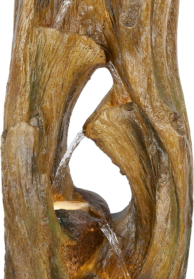 Alpine Corporation 39" Tall Cascading Tree Trunks Waterfall Fountain with LED Lights, Outdoor Floor Water Feature with Rustic Natural Wood Look, Garden, Patio, Lawn & Backyard Decor, Brown