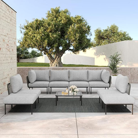 LayinSun 9 Pieces Aluminum Patio Furniture Set, Modern Modular Sectional Sofa with Coffee Table and Upgrade Thickness Cushion