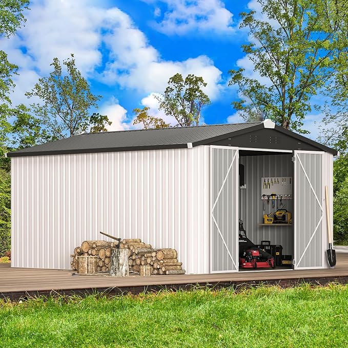 AECOJOY 10' x 14' Outdoor Storage Shed, 14x10 Large Metal Sheds & Outdoor Storage Clearance with Lockable Doors, Utility and Tool Storage Garden Shed for Backyard, Patio and Outside use - Image 6