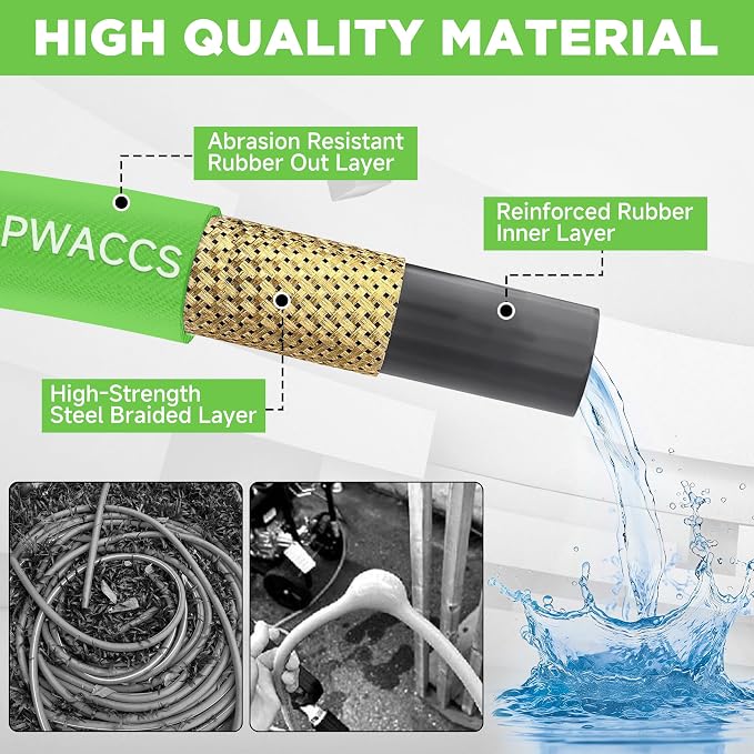 PWACCS Pressure Washer Hose 50 FT, 3/8" Kink Resistant Power Washer Hose Steel Braided Quick Connect with M22 14 Fittings for Cold/Hot Water, 4000 PSI - Image 2