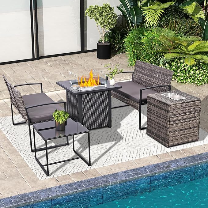 FHFO 5 Piece Outdoor Patio Furniture Set with 28”Gas Fire Pit Table & Ice Bucket Storage Box, Outdoor Wicker Rattan Patio Conversation Set for Outside, Poolside, Balcony, Porch, Grey-Grey