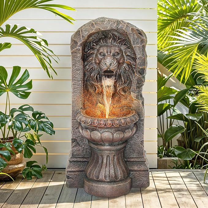 30" Majestic Lion Head Outdoor Water Fountain, Rustic Stone Pedestal Cascading Water Feature with Warm LED Lights, Tranquil Oasis for Outside Garden Patio Yard Decor
