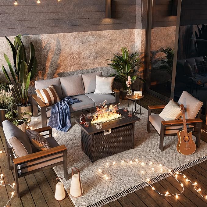 Aoxun Aluminum Outdoor Patio Furniture Set, 6-piece Outdoor Sectional with 44'' Propane Gas Firepit Table, Patio Conversation Sets with Upgraded Armrests and Cushions for Backyard (Grey,5 Seats)