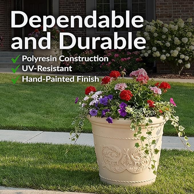 Sunnydaze 19.5-Inch Arabella Large Plastic Pot for Plants - Outdoor Double-Walled Polyresin Large Plastic Planter with Drillable Drainage Holes - Antique White - 4-Pack