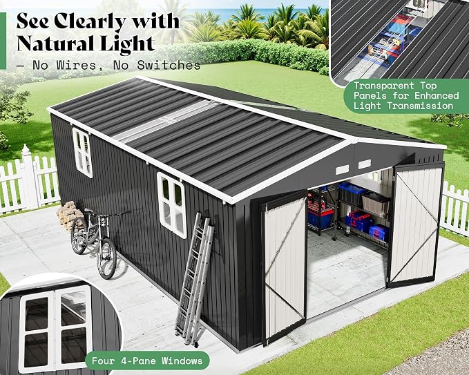 VanAcc 12x20x7.2 FT Outdoor Storage Shed with 2 Transparent Panels, Metal Garden Shed with Hinged Double Doors, Windows & Vents, Reinforced Steel Frame for Backyard Garden, DIY Workshop, Dark Gray - Image 4