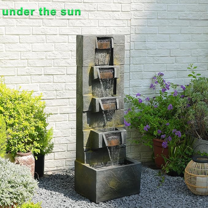 41.1" Garden Water Fountain Outdoor – 5-Tier Modern Cascading Resin Waterfall Fountain with LED Light, Mossy Stone Look, Floor-Standing Outdoor Water Feature for Patio, Yard, Deck, Home Décor