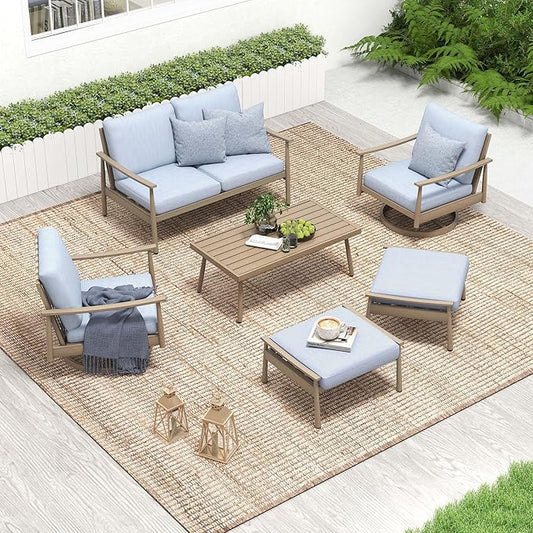 HAPPATIO Patio Outdoor Furniture Set - 6 Pieces Aluminum Outdoor Conversation Set with 1 Cushioned Loveseat, 1 Coffee Table, 2 Swivel Chairs, and 2 Ottomans for Yard, Porch, and Deck (Brown)