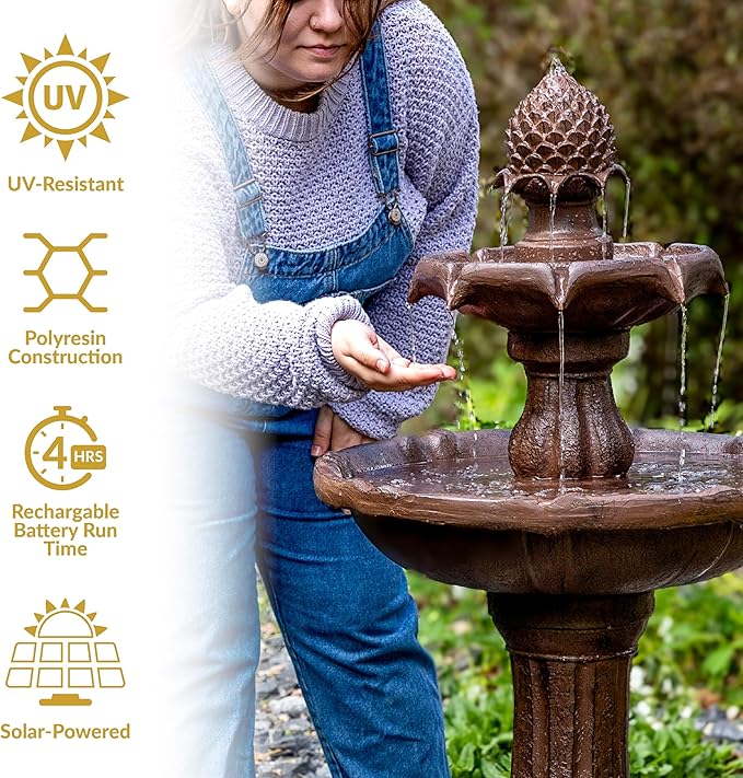 Sunnydaze Pineapple 46-Inch 2-Tier Outdoor Solar Fountain - Decorative Water Fountain with Pump for Garden, Patio, Yard or Balcony - Rust Finish