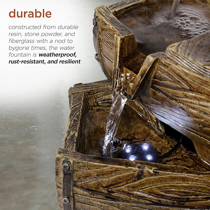 Alpine Corporation WIN826 14” Vintage Water Pump Tabletop Fountain with 2-Tiered Barrel Design & LED Lights – Decorative Indoor Water Feature for Home & Office, Brown
