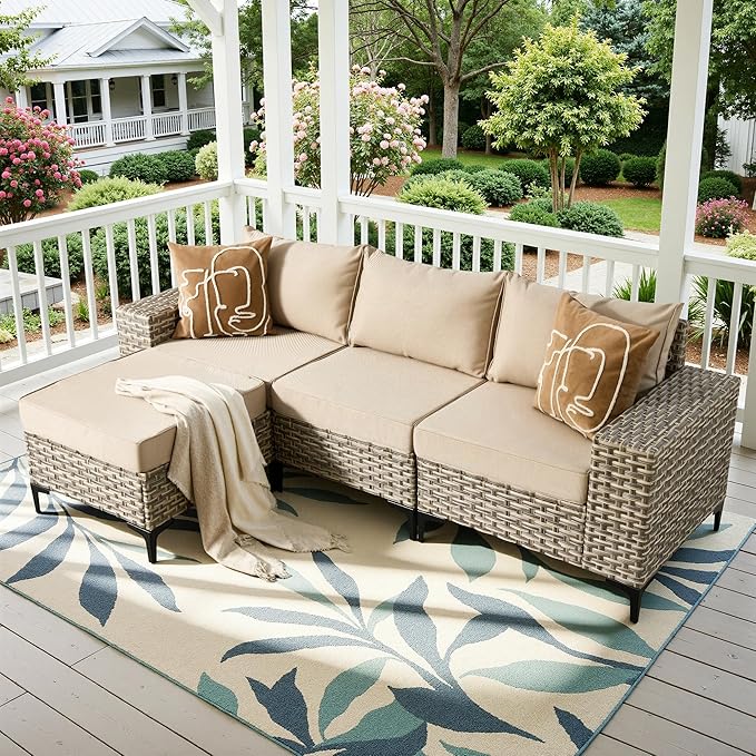 Patio Furniture Set, 4 Pieces Outdoor Wicker Conversation Sets with Coffee Table Outdoor Sectional Sofa for Balcony Backyard Poolside Garden Lawn (Beige)