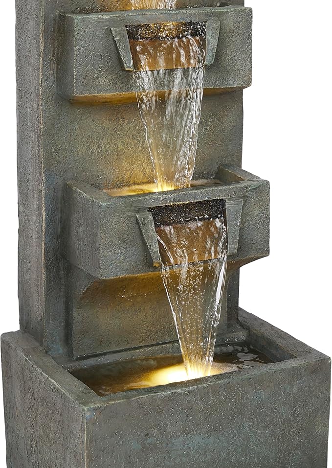 Alpine Corporation TZL406 33" 3 Tier Basin Cascading Fountain with LED Lights, Outdoor Water Feature for Garden, Patio, Backyard & Home Decor, Elegant Waterfall Design, Gray