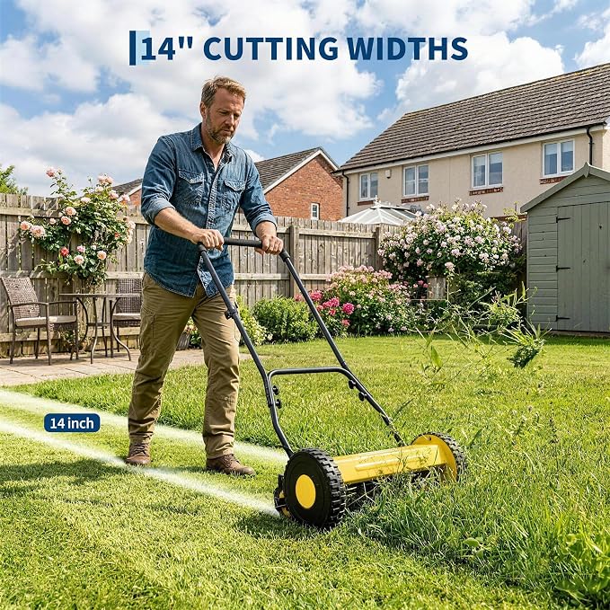 14" 5-Blade Push Reel Lawn Mower, Manual Push Mower with Adjustable Cutting Height, Compact Lawnmower for Small to Medium Yard and Field, Lightweight Hand Reel Push Mower, Yellow - Image 2