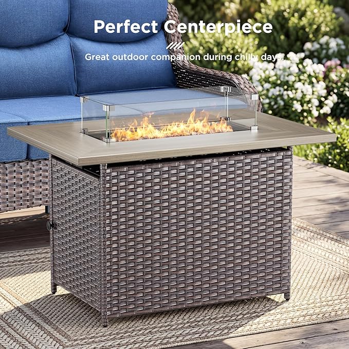 Luxury High Back Outdoor Furniture with 6-inch Extra Thick Cushions, Patio Furniture Set with Fire Pit Table & Swivel Chairs, 7 PCS Wicker Conversation Set for Yard, Deck, Poolside, Brown/Blue