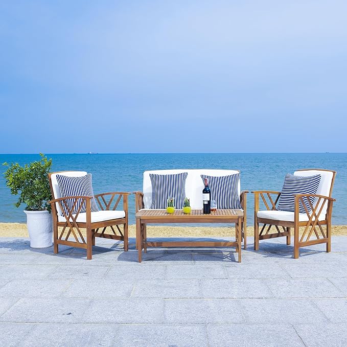 SAFAVIEH Outdoor Collection Fontana Natural/ Beige Cushions/ Thin Stripe Pillows 4-Piece Conversation Patio Set
