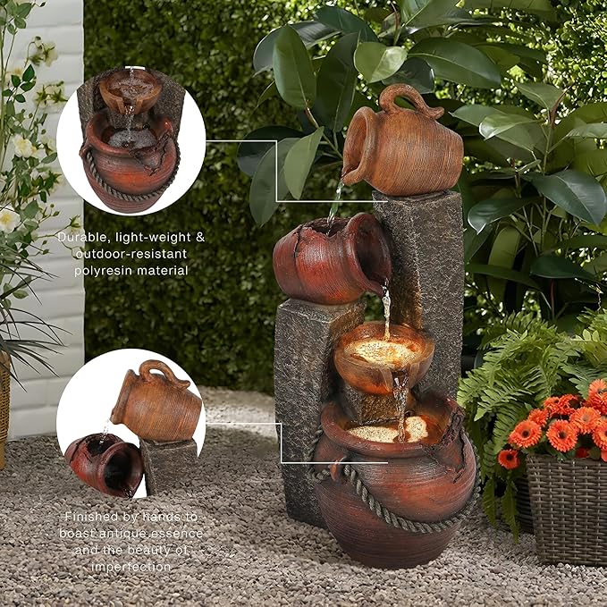 LuxenHome Outdoor Water Fountain, 32 Inch Farmhouse Water Fountain Outdoor with Lights, Cascading Pitchers Po Indoor and Outdoor Fountains and Waterfalls, Garden Water Feature Decor