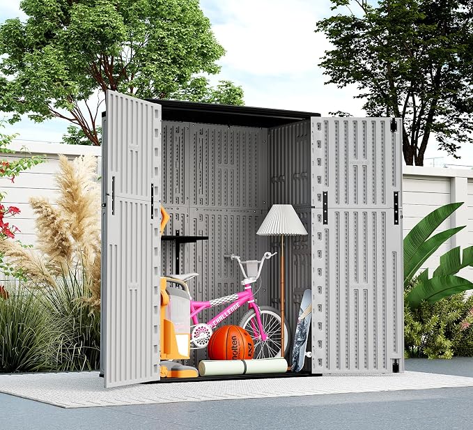 ZZM 57 Cu.ft Outdoor Storage Shed HDPE Storage Cabinet, Double-Wall Resin Sheds with Floor Vertical Lockable Sheds Garden Tools Trash Can, Lawn Mower, Bike Storage, Waterproof, Gray - Image 4