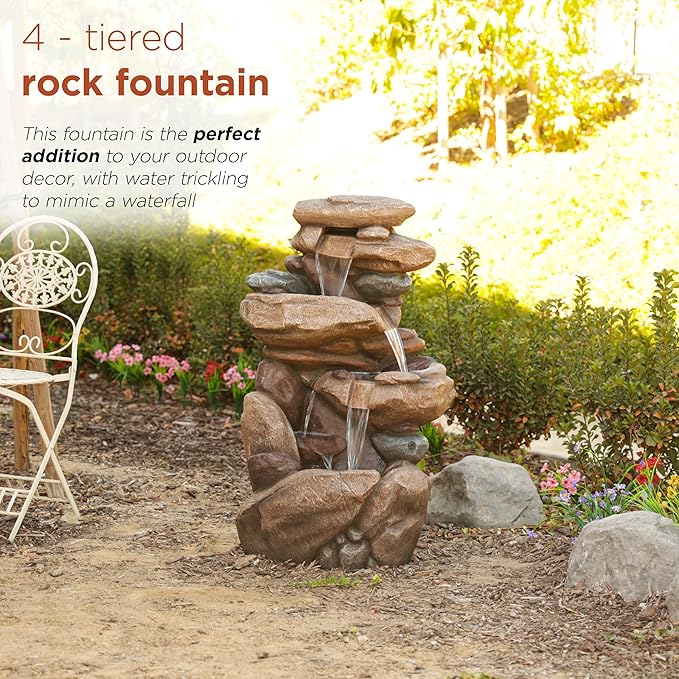 Alpine Corporation 40" Tall Floor Fountain, Tiered Rock Water Feature with Color-Changing LED & Remote, Cascading Streams for a Tranquil Garden, Patio, Yard, Deck, or Porch, Light Brown