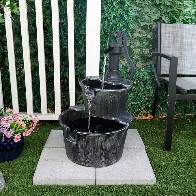 Alpine Corporation 27" Tall Rustic Outdoor 2-Tier Barrel Pump Water Fountain with Soothing Cascading Water Flow for Patio, Yard, Porch, or Landscape, Gray