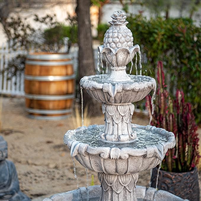 XBrand 58.3" Outdoor Bird Bath Fountain, 3-Tier Water Feature with Pump, Classic Leaf Design, Gray Resin Garden Décor for Yard, Lawn & Porch
